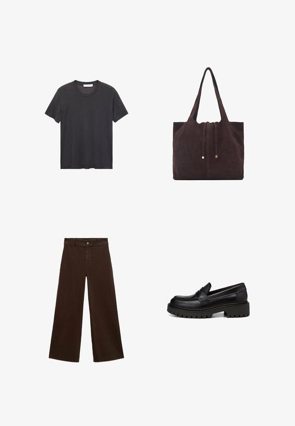 Sort crew-neck t-shirt lavet af blødt bomuldsstof. Korte ærmer, afslappet pasform og lige kant uden udsmykninger eller mønstre.; Brune viddebukser i en bomuldsblanding, med en frynset kant, frontknaplukning og klassisk fem-lomme design. Minimalistiske og alsidige.; Marc O'Polo LOAFER MIT ROBUSTER PROFIL - Loafers - black; Mango Shopping bags - dark brown