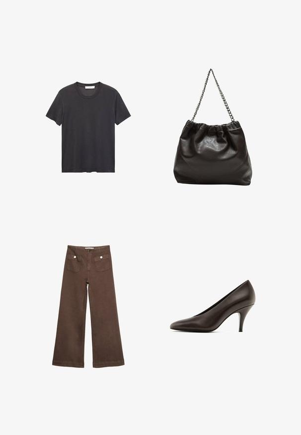 T-shirt noir à col ras du cou en coton doux. Manches courtes, coupe décontractée et ourlet droit sans embellissements ni motifs.; Pantalons larges marron en coton, dotés de deux poches avant avec des boutons argentés, et une texture lisse.; Escarpins en cuir marron à talon haut avec un bout pointu, une silhouette épurée et un talon fin légèrement métallique. Texture lisse, accents minimalistes.; Sac en cuir marron avec un haut froncé et une bandoulière en chaîne. Texture lisse avec une finition brillante et des coutures subtiles sur les côtés.