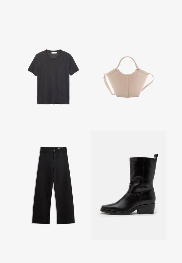 Črna majica s kratkimi rokavi in okroglo ovratnikom, izdelana iz mehkega bombaža. Ohlapen kroj, raven spodnji rob brez okrasnih elementov ali vzorcev.; Črne široke denim hlače z visokim pasom, ki imajo sprednje in zadnje žepe, šivane šive ter gumbasto zapiranje. Gladka tekstura.; Črne usnjene gležnjarje z ostrim nosom, nizko blok peta in kvačkanjem. Imajo stranske elastične panele za enostavno obuvanje.; Bežna usnjena torbica edinstvene oblike, z dvema kratkima ročajema in dolgim nastavljivim trakom. Gladka tekstura z minimalno kovinsko opremo.
