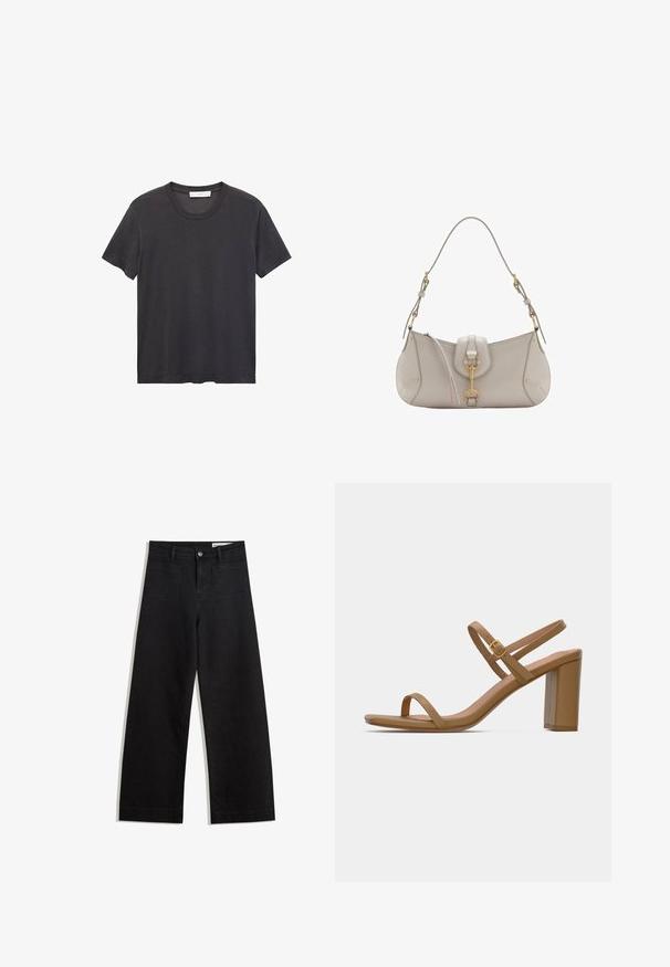 Černé tričko s kulatým výstřihem vyrobené z jemné bavlny. Krátké rukávy, volný střih a rovný lem bez zdobení nebo vzorů.; Černé denimové kalhoty s volným střihem a vysokým pasem, vybavené předními a zadními kapsami, prošívanými švy a knoflíkovým zapínáním. Hladká textura.; Světle hnědé sandály na podpatku s dvěma štíhlými řemínky a čtvercovým blokovým podpatkem. Hladký materiál s minimálním designem a malým zlatým sponou.; Světlé šedé kožené kabelky s zakřiveným tvarem, zlatými kovovými doplňky, předním claspem a prošívanými detaily. Součástí je nastavitelný ramenní popruh.