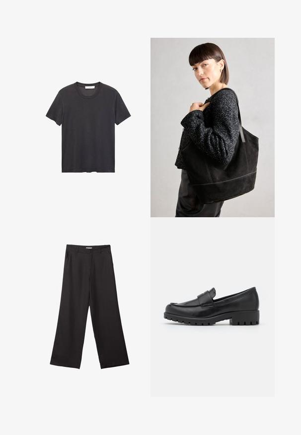 Svart t-shirt med rund halsringning tillverkad av mjuk bomull. Korta ärmar, avslappnad passform och rak fåll utan utsmyckningar eller mönster.; Svarta vida byxor i slät väv, med dragkedja fram och två sidofickor, med skräddarsydd passform och minimalistisk design.; Svarta läderslippers med rundad tå, en stygns detalj och en kraftig gummisula med synlig mönstring. Slät yta.; Svart mocka tote-väska med en slät textur, strukturerad form och kontrasterande sömmar. Har långa bärremmar för axelbärande.