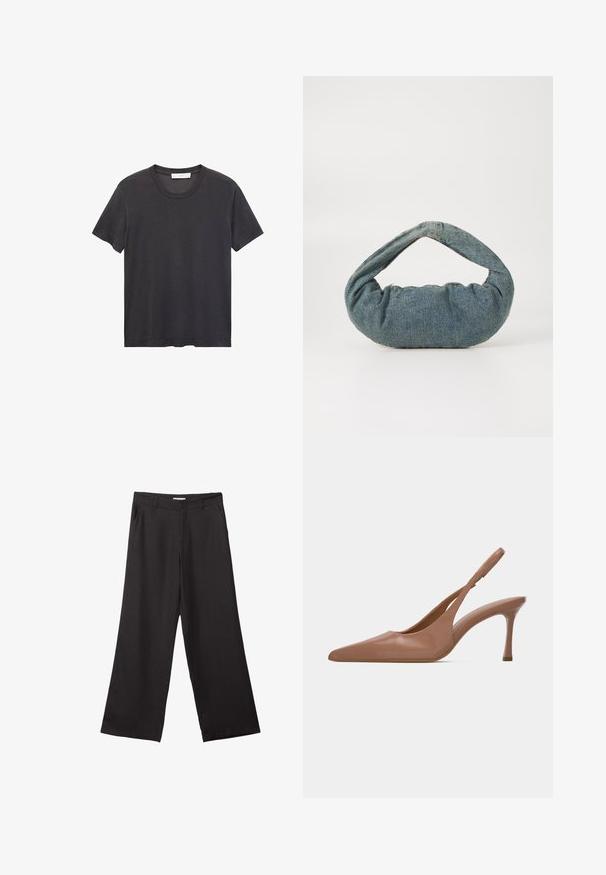Čierne tričko s okrúhlym výstrihom vyrobené z jemnej bavlny. Krátke rukávy, voľný strih a rovný lem bez ozdôb či vzorov.; Čierne široké nohavice vyrobené z hladkej tkaniny, so zipsom vpredu a dvoma bočnými vreckami, s prispôsobeným strihom a minimalistickým dizajnom.; Lesklé hnedé lodičky so špicatou špičkou a stredne vysokým ihlovým podpätkom na jednoduchom bielom pozadí.; Modrá džínová taška s polstrovaným, zaobleným tvarom a zakrivenou rukoväťou. Textúra je mäkká, s viditeľným šitím a hladkým povrchom.