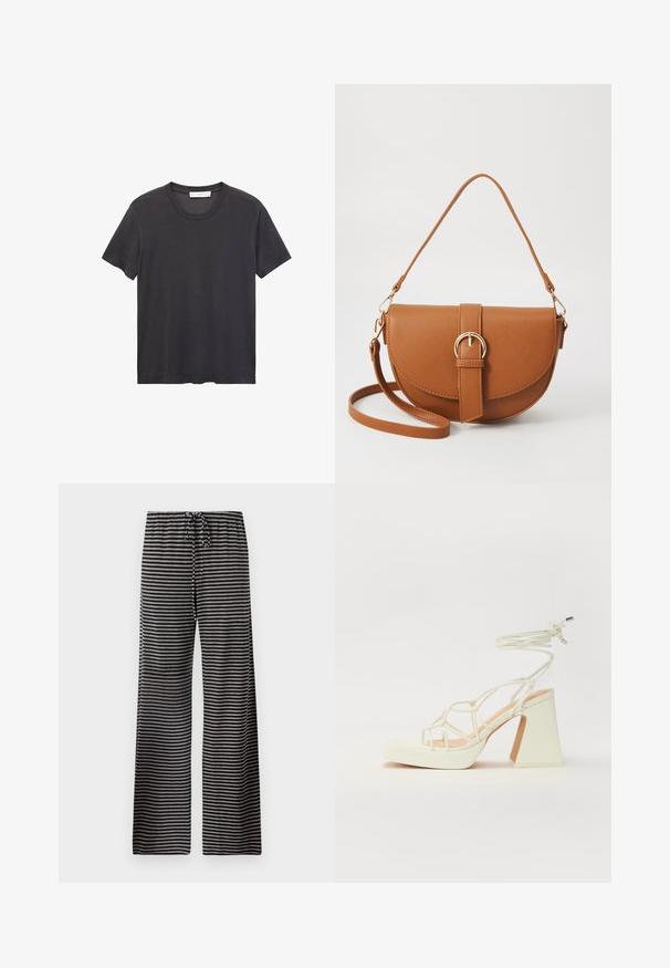T-shirt noir à col ras du cou en coton doux. Manches courtes, coupe décontractée et ourlet droit sans embellissements ni motifs.; Pantalons de pyjama rayés en noir et gris, avec une coupe ample, une taille élastique avec cordon de serrage, et une texture de tissu douce.; Sandale blanche à talons hauts avec un talon épais, présentant un design à lanières et un lien autour de la cheville. Texture lisse avec une plateforme à l'avant pour une hauteur supplémentaire.; Sac bandoulière en cuir marron avec une forme incurvée, quincaillerie dorée et un accent en boucle. Comprend une bandoulière détachable.