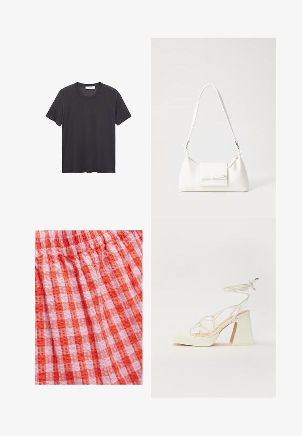 Crna majica s okruglim izrezom napravljena od mekanog pamuka. Kratki rukavi, opušteni kroj i ravni rub bez ukrasnih elemenata ili uzoraka.; Crvena i ružičasta karirana tkanina s teksturiranim završetkom, koja ima pojas u naborima i plisirani dizajn. Materijal izgleda lagan i prozračan.; Bijela sandala na visokoj potpetici s debelim petom, s remenom i vezanjem oko gležnja. Glatka tekstura s platformom sprijeda za dodatnu visinu.; Bijela sintetička torbica s trokutastim oblikom, ravnim prednjim poklopcem i detaljem u obliku mašne, podesivom remenom, glatkom teksturom i minimalističkim dizajnom.