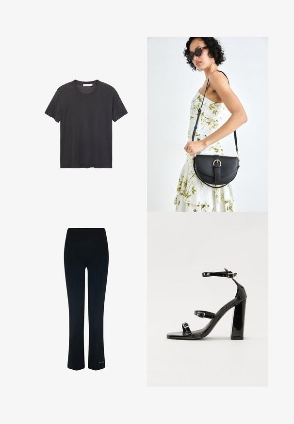 Črna majica s kratkimi rokavi in okroglo ovratnikom, izdelana iz mehkega bombaža. Ohlapen kroj, raven spodnji rob brez okrasnih elementov ali vzorcev.; Črne športne hlače z visokim pasom, zasnovo razširjenih nogavic in subtilnimi šivi na robu. Elastičen material za udobje.; Črne lakaste sandale z visokimi petami, z dvema trakovoma z zaponkama, kvadratnim sprednjim delom in masivno širšo peto, z gladko, sijočo teksturo.; Črna usnjena torbica s ukrivljeno obliko, z odstranljivo naramnico in zlatimi dodatki. Torbica ima pokrov s podrobnostmi v obliki zaponke.