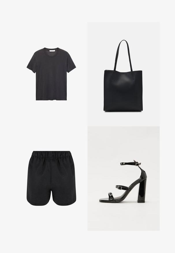 Black crew-neck t-shirt made of soft cotton. Short sleeves, relaxed fit, and straight hem with no embellishments or patterns.; Black shorts with an elastic waistband. Soft fabric, simple design, and slightly rounded hem at the bottom. No visible patterns or logos.; Black patent heeled sandals with a square toe, ankle straps, and silver buckles. Features a chunky block heel for stability.; Black leather tote bag with smooth texture, rectangular shape, and two long handles. No visible hardware or embellishments.