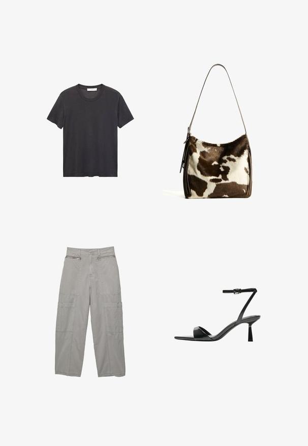 Schwarzes Rundhals-T-Shirt aus weicher Baumwolle. Kurze Ärmel, lockere Passform und gerader Saum ohne Verzierungen oder Muster.; Cargo-Hosen aus leichtem grauem Stoff, mit mehreren großen Taschen, Reißverschlusstaschen auf der Vorderseite und einer lockeren, weiten Passform.; Bershka High Heel Sandalette - black; Braune und cremefarbene Kuhhaut-Umhängetasche mit einem glatten Ledertrageriemen, Reißverschluss und einer weichen, strukturierten Oberfläche mit einem natürlichen Muster.