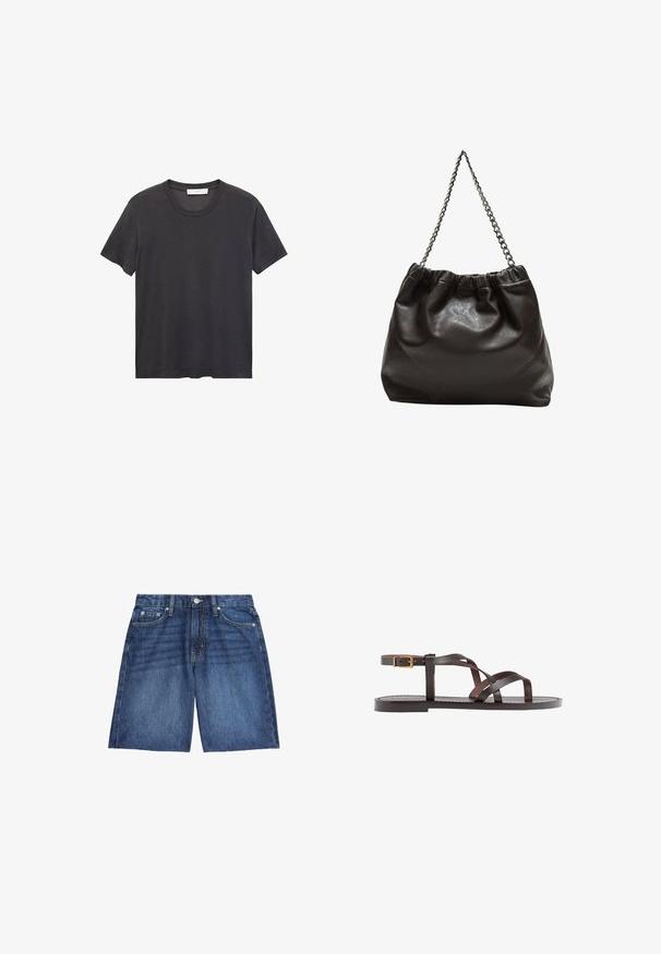 Sort crew-neck t-shirt lavet af blødt bomuldsstof. Korte ærmer, afslappet pasform og lige kant uden udsmykninger eller mønstre.; Marks & Spencer BERMUDA - Denimshorts - medium indigo; Brune lædersandal med krydsende stropper, ankelspænde og en flad sål med minimale syninger.; Brun lædertaske med en rynket top og en kædestrop. Glat tekstur med en blank finish og subtile sømdetaljer på siderne.