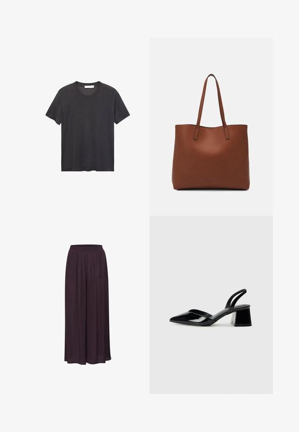 Tricou negru cu guler rotund, fabricat din bumbac moale. Mâneci scurte, croială lejeră și tiv drept, fără broderii sau modele.; Pantaloni largi dintr-o țesătură ușoară, de culoare mov închis. Dispun de un elastic la talie și un design fluid cu o textură netedă.; Pantofi cu toc slingback din piele lacuită neagră, cu vârf ascuțit și toc geometric. Prezintă un design elegant, minimalist și o textură netedă.; Geantă de umăr din piele maro cu o textură netedă, design cu vârf deschis și două curele pentru umăr. Prezintă cusături minime și fără componente metalice vizibile.