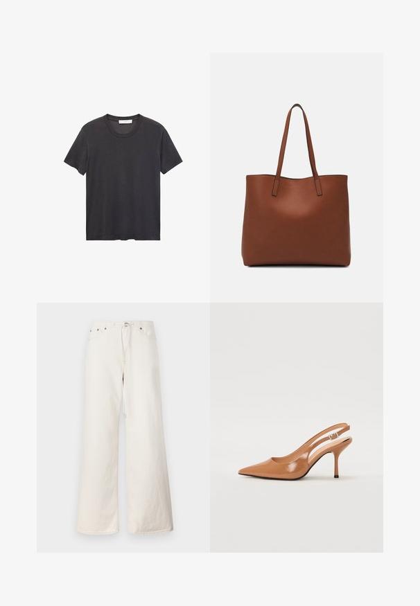 Zwarte crew-neck t-shirt gemaakt van zachte katoen. Korte mouwen, relaxte pasvorm en rechte zoom zonder versieringen of patronen.; Witte wijde denim broek met een trekkoord in de taille, voorzakken en subtiele stiksels. Gemaakt van stevige katoen.; Puntige slingback hak in een glad, glanzend beige materiaal. Bevat een gebogen uitsnijdontwerp en een slanke stiletto hak. Zilveren gesp detail.; Bruine leren tote bag met een gladde textuur, een ontwerp met een open bovenkant en twee schouderbanden. Kenmerkt zich door minimale stiksels en geen zichtbare hardware.