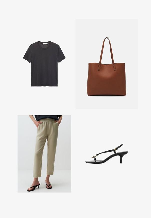 T-shirt noir à col ras du cou en coton doux. Manches courtes, coupe décontractée et ourlet droit sans embellissements ni motifs.; Pantalons beige clair taille haute avec une taille élastique, jambes droites et texture lisse. Associés à des sandales à talons noires.; Sandale à talon aiguille noire en cuir avec des fines bandoulières, boucle dorée et une boucle pour les orteils minimaliste sur fond blanc.; Sac fourre-tout en cuir marron avec une texture lisse, design à ouverture supérieure et deux poignées pour le porter à l'épaule. Présente des coutures minimales et aucun matériel visible.