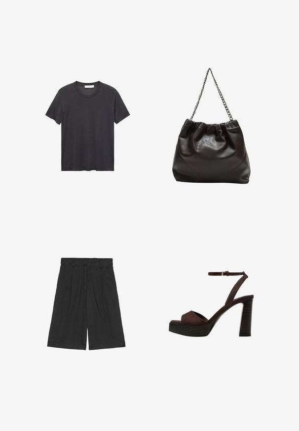 Čierne tričko s okrúhlym výstrihom vyrobené z jemnej bavlny. Krátke rukávy, voľný strih a rovný lem bez ozdôb či vzorov.; Čierne ľanové šortky s voľným strihom, so plochým predným dielom, dvoma bočnými vreckami a zapínaním na gombík v páse.; Hnedé semišové sandále na vysokom podpätku s otvorenou špičkou, nastaviteľným členkovým remienkom a pruhovanou platformovou podrážkou.; Hnedá kožená taška so zberaným vrchom a reťazovým popruhom. Hladký povrch s lesklým finišom a jemným švom po stranách.
