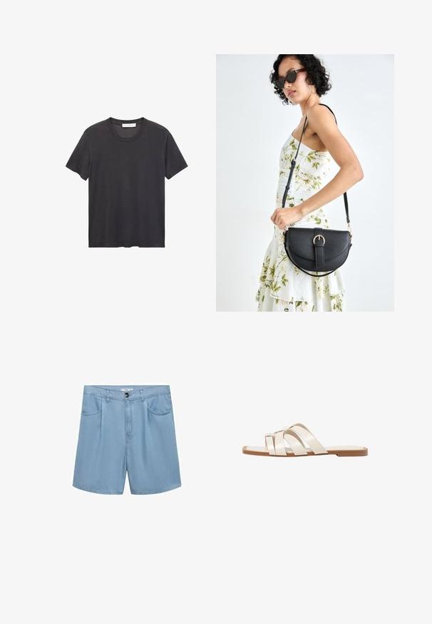 Črna majica s kratkimi rokavi in okroglo ovratnikom, izdelana iz mehkega bombaža. Ohlapen kroj, raven spodnji rob brez okrasnih elementov ali vzorcev.; Svijetloplave traper kratke hlače s opuštenim krojem, dva prednja džepa i kopčanje na gumb. Ključne karakteristike uključuju glatku teksturu i čiste šavove.; Ravne sandale s svetlo rjavim gumijastim podplatom, zasnovane s tremi prekrivajočimi se belimi usnjenimi trakovi in majhnim lokom na sredini.; Črna usnjena torbica s ukrivljeno obliko, z odstranljivo naramnico in zlatimi dodatki. Torbica ima pokrov s podrobnostmi v obliki zaponke.