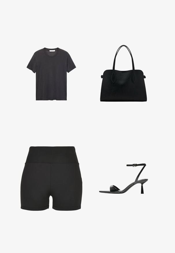 Tricou negru cu guler rotund, fabricat din bumbac moale. Mâneci scurte, croială lejeră și tiv drept, fără broderii sau modele.; Pantaloni scurți sport negri, cu talie înaltă, fabricați dintr-un material elastic și lucios. Prezintă cusături netede și un design ajustat, ideal pentru îmbrăcămintea activă.; Bershka Sandale cu toc - black; Geantă din piele neagră cu două mânere pentru umăr, formă rectangulară și design minimalistic pe un fundal alb.