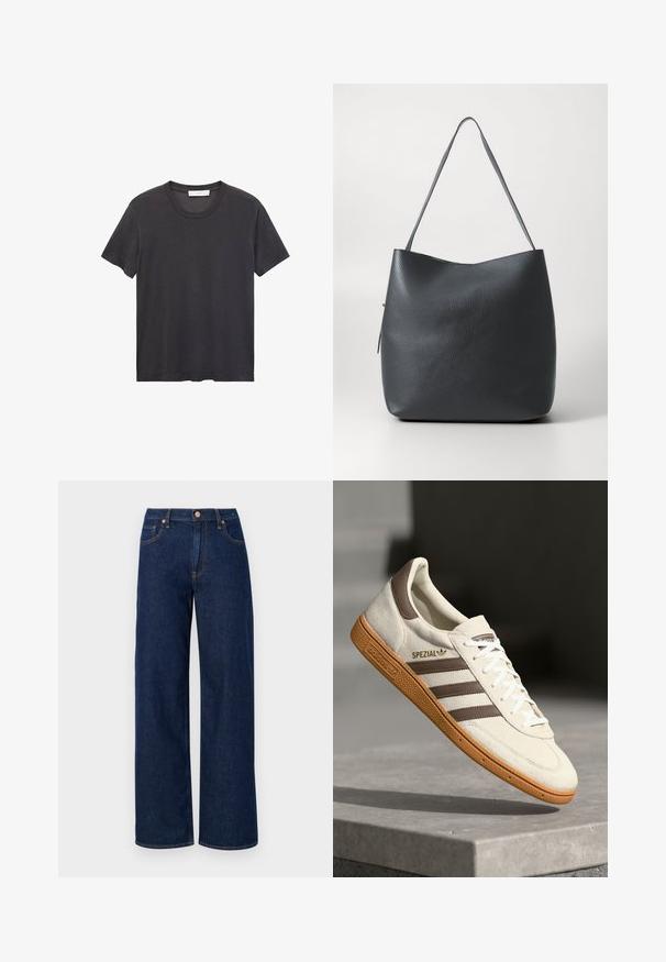 Tricou negru cu guler rotund, fabricat din bumbac moale. Mâneci scurte, croială lejeră și tiv drept, fără broderii sau modele.; Pantaloni largi din denim albastru cu talie înaltă, având cusături portocalii și închidere cu nasture metalic. Croi curat, drept, fără embellishments.; Sneaker din suede alb cu accente din piele maro, trei dungi maro și șireturi albe. Dispune de o talpă din cauciuc texturat și logo-ul auriu "SPEZIAL".; Geantă de umăr din piele texturată neagră, cu un singur bretele, design simplu și minimalist, expusă pe un fundal deschis și uniform.