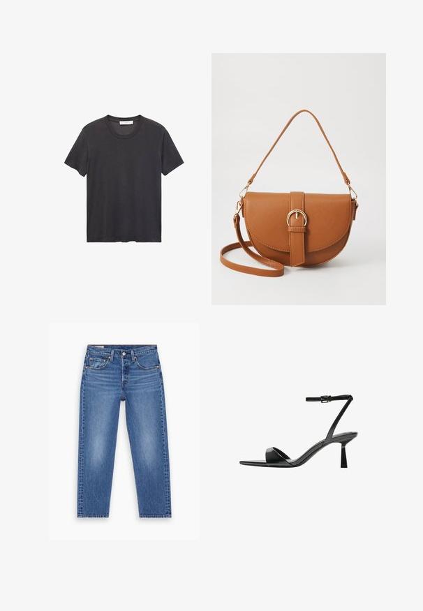 Black crew-neck t-shirt made of soft cotton. Short sleeves, relaxed fit, and straight hem with no embellishments or patterns.; Blue high-waist straight-leg jeans with front button, zipper, and five-pocket design, displayed flat on a white background.; Bershka High heeled sandals - black; Brown leather crossbody bag with a curved shape, gold hardware, and a buckle accent. Features a detachable shoulder strap.
