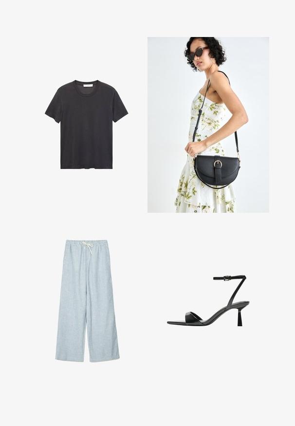 Čierne tričko s okrúhlym výstrihom vyrobené z jemnej bavlny. Krátke rukávy, voľný strih a rovný lem bez ozdôb či vzorov.; Svietlomodré a biele pruhované široké nohavice s elastickým pásom a detailom na šnúrku. Mäkko, ľahký materiál s voľným strihom.; Bershka Sandále na vysokom opätku - black; Čierna kožená kabelka s zaobleným tvarom, odnímateľným popruhom a zlatými doplnkami. Kabelka má klopu s detailom s prackou.