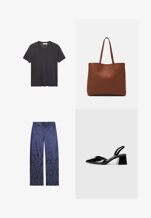 Černé tričko s kulatým výstřihem vyrobené z jemné bavlny. Krátké rukávy, volný střih a rovný lem bez zdobení nebo vzorů.; Široké kalhoty tmavě modré barvy s texturovaným, abstraktním vzorem. Mají zapínání na knoflík a přední kapsy. Měkká tkanina s hladkým povrchem.; Černé lakované kožené lodičky na pásku s špičatou špičkou a geometrickým blokovým podpatkem. Vyznačují se elegantním, minimalistickým designem a hladkým povrchem.; Hnědá kožená taška přes rameno s hladkou texturou, otevřeným designem a dvěma ramenními popruhy. Obsahuje minimální švy a žádné viditelné kovové prvky.