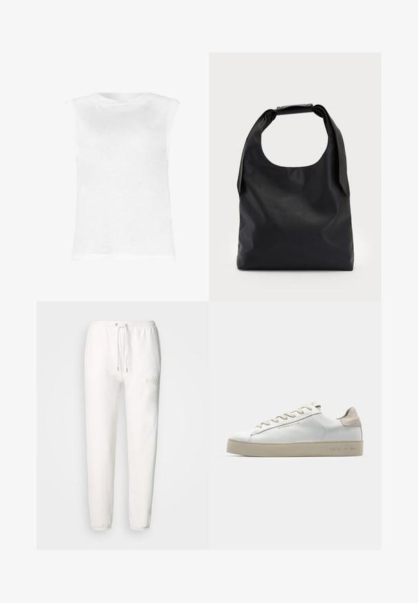 White sleeveless top made of lightweight fabric, featuring a round neckline and a slightly fitted shape. No visible patterns or embellishments.; White sweatpants made of soft fabric, featuring a drawstring waist and embroidered logo on the left thigh. Tapered leg design.; White leather sneaker with a smooth finish, beige suede accents, round toe, flat lace-up design, and a textured rubber sole.; Black leather hobo bag with a single, soft, rounded handle; features a smooth texture and a minimalist design. No visible hardware or accents.