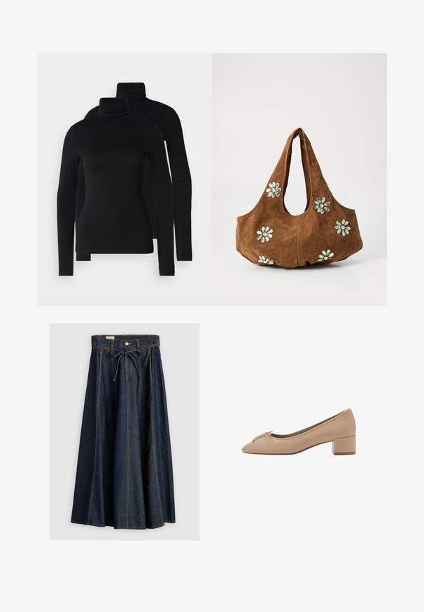 Černé dlouhé rukávy roláky vyrobené z hladké, elastické látky. Vybavené přiléhavými rukávy a klasickým vysokým límcem. Součástí jsou dva kusy.; Levi's® XL SKIRT - Denimová sukně - square circle; Béžové kožené lodičky s špičatou špičkou, malou mašlí na přední straně a čtveratým nízkým podpatkem. Hladký povrch s minimálním prošíváním.; Hnědá semišová kabelka s uvolněným tvarem, zdobená zelenými květinovými aplikacemi a světlými akcenty. Dvě pevné ramenní popruhy.