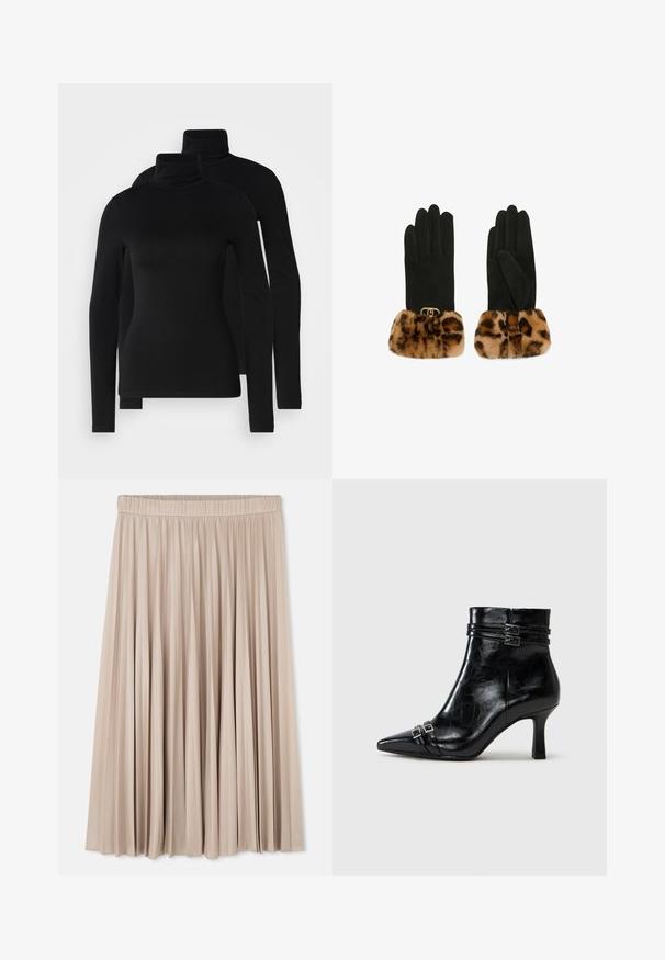 Fekete, hosszú ujjú garbók, sima, rugalmas anyagból. Feszülő ujjak és klasszikus, magas gallér jellemzi. Két darab található.; Felsliccelt midi szoknya világos bézs színben, elasztikus derékrésszel. Simára csiszolt textúrával, fényes felülettel, réteges kialakítással és lágyan folyó sziluettel.; Tamaris Telitalpú bokacsizmák - black; Fekete kesztyű, puha, leopárdmintás műszőrme mandzsettával és arany színű fém díszítéssel a csuklón. Sima textúrájú és testre szabott fazonú.