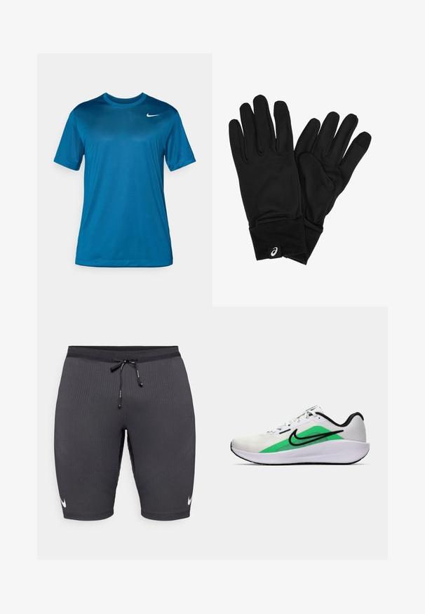 Kratka majica s kratkimi rokavi v modri barvi, izdelana iz gladkega, vlažnost odvajajočega materiala. Ima okroglo ovratnico in majhen logotip na prsih.; Crne športne hlače iz ribanega materiala, z elastičnim pasom in majhnim belim Nike logotipom na levi strani.; Bela športna čevlja z zelenim poudarkom, črnim logotipom, mrežastim zgornjim delom, oblazinjenim podplatom in zaobljenim peto. Ima vezalke in kontrastne detajle.; Črne rokavice, narejene iz mehkega, raztegljivega materiala, ki se dobro prilegajo. Vključujejo debel manšeta in majhen logotipni trak na predelu zapestja.