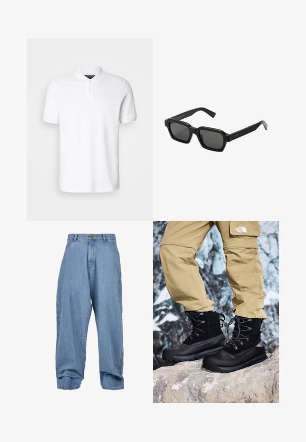 Polo shirt blanc en coton. Présente un col classique, une patte de boutonnage à trois boutons et des manches courtes. Logo discret brodé sur la poitrine.; Pantalon en denim bleu clair avec une coupe ample, fermeture à bouton, poches avant et ourlet retroussé, doté d'un design classique à cinq poches.; Bottes noires imperméables avec un dessus en suede texturé, un bout renforcé et une semelle en caoutchouc. Associées à un pantalon de randonnée khaki avec zip.; Lunettes de soleil noires en forme carrée avec des verres gris. Les montures en plastique épaisses présentent des accents dorés et un logo sur la branche. Texture lisse.