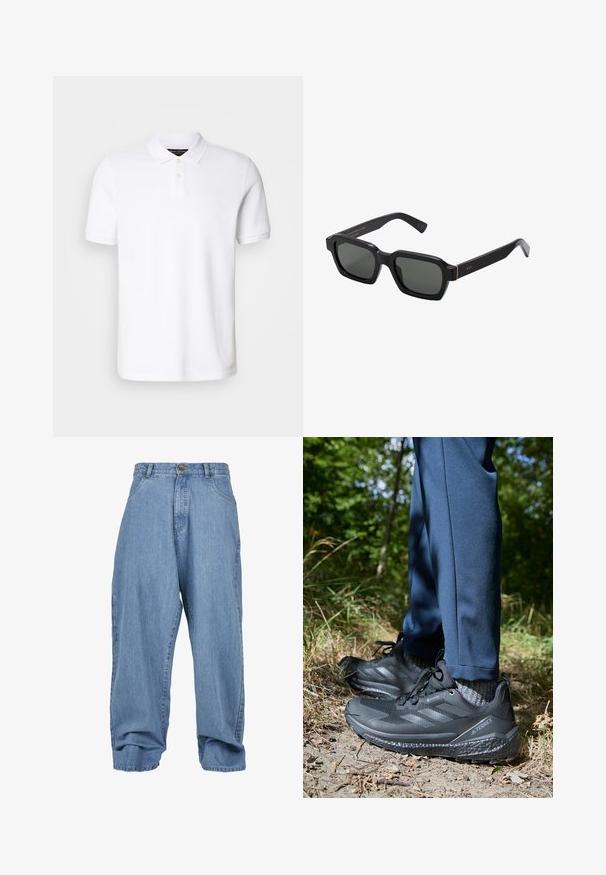 Bílá polo košile vyrobená z bavlny. Obsahuje klasický límec, zapínání na tři knoflíky a krátké rukávy. Na hrudi je diskrétní vyšitý logo.; Světle modré džíny s volným střihem, zapínáním na knoflíky, předními kapsami a ohrnutým lemem, s klasickým designem pěti kapes.; Černé turistické boty s texturovaným svrškem, designem se třemi pruhy a robustními podrážkami, spárované s námořnickými kalhotami a šedými ponožkami v přírodním prostředí.; Černé sluneční brýle čtvercového tvaru s šedými skly. Hrubé plastové obruby mají zlaté akcenty a branding na straně. Hladký povrch.