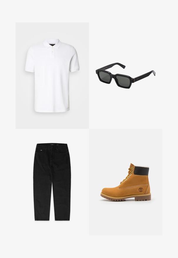 Valge puuvillane polo-särk. Omab klassikalist kraed, kolme nupuga kinnitamist ja lühikesi varrukaid. Rinnal on diskreetne tikitud logo.; EIGHTYFIVE WITH LOOP - Baggy fit teksad - black washed; Pruun nahast pahkluu saabas metallist silmadega, valge karvane vooder, must pehmendatud krae, robustne tallal ja küljes reljeefne logo.; Mustad, nelkjalgsed prillid hallide objektiividega. Pakseplastist raamid on kuldsete aktsentidega ja kaubamärgiga templis. Sile pind.