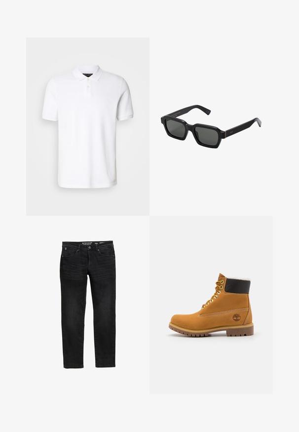 Balts polo krekls, izgatavots no kokvilnas. Iespējas: klasiskā apkakle, trīs pogu atvērums un īsās piedurknes. Smalks logotips izšūts uz krūtīm.; Melnas denim bikses ar taisnu piegriezumu, kurām ir pogu un rāvējslēdzēja aizdare, piecas kabatas un smalks mazgāšanas detalizējums.; Brūni ādas potītes zābaki ar metāla acīm, balto kažokādu oderi, melnu mīkstinātu apkakli, izturīgu zoli un iegravētu logo sānos.; Melnas, kvadrātveida saulesbrilles ar pelēkiem stikliem. Biezas plastmasas kājas ar zelta akcentiem un zīmola nosaukumu uz kājas. Gluda tekstūra.