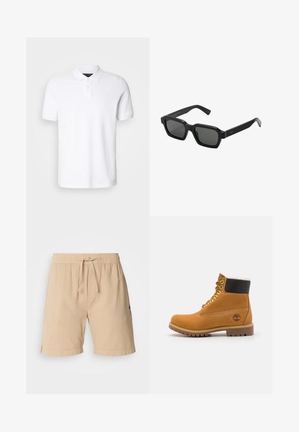 Bílá polo košile vyrobená z bavlny. Obsahuje klasický límec, zapínání na tři knoflíky a krátké rukávy. Na hrudi je diskrétní vyšitý logo.; Béžové šortky vyrobené z bavlny s elastickým páskem, stahovací šňůrkou, bočními kapsami a prošitými detaily na okrajích.; Hnědá kožená kotníková bota s kovovými očka, bílou kožešinovou podšívkou, černým polstrovaným límcem, robustní podrážkou a raženým logem na boku.; Černé sluneční brýle čtvercového tvaru s šedými skly. Hrubé plastové obruby mají zlaté akcenty a branding na straně. Hladký povrch.