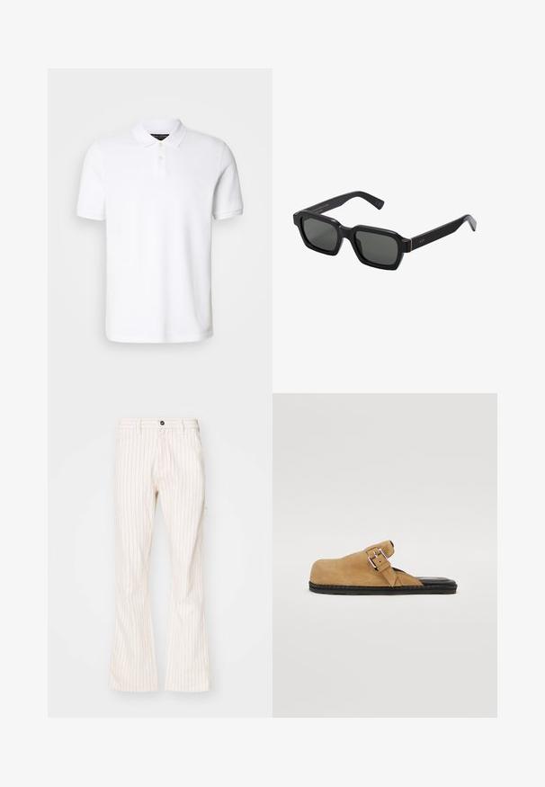 Fehér pólóing, pamutból készült. Klasszikus gallérral, három gombos nyakkal és rövid ujjakkal rendelkezik. Diszkrét logó hímzéssel a mellkasán.; Krém színű, trapéznadrág piros függőleges csíkozással, gombos záródással, oldalzsebekkel és sima textúrájú anyaggal.; Barna velúr, slip-on cipő, lapos fekete talppal, beállítható csíkkal és sima belső béléssel.; Fekete, négyzet alakú napszemüveg szürke lencsékkel. Vastag műanyag keretek arany díszítéssel és márkázással a szárán. Sima felület.