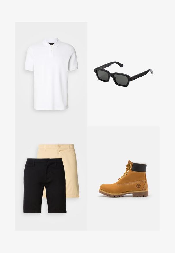 Weißes Polohemd aus Baumwolle. Verfügt über einen klassischen Kragen, eine Drei-Knopf-Leiste und kurze Ärmel. Dezentes Logo auf der Brust gestickt.; Schwarze und beigefarbene Shorts aus Baumwolle, mit Knopfverschluss, Gürtelschlaufen und geradem Schnitt. Die schwarzen Shorts befinden sich vorne.; Braune Leder-Ankle-Boots mit Metallösen, weißem Kunstfellfutter, schwarzem gepolstertem Kragen, robustem Sohlenprofil und geprägtem Logo an der Seite.; Schwarze, quadratische Sonnenbrillen mit grauen Gläsern. Dicke Kunststoffrahmen verfügen über goldene Akzente und Branding an den Schläfen. Glatte Textur.