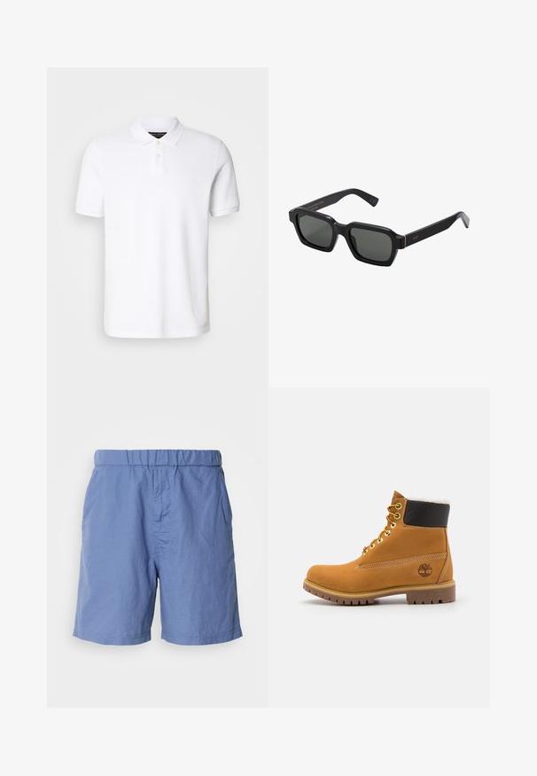 Polo bianco realizzato in cotone. Presenta un colletto classico, una chiusura a tre bottoni e maniche corte. Logo discreto ricamato sul petto.; Pantaloni corti leggeri blu con vita elastica, frontale piatto e tasche laterali. Realizzati in tessuto morbido e traspirante, adatti per il clima caldo.; Stivale alla caviglia in pelle marrone con occhielli metallici, fodera in pelliccia bianca, colletto imbottito nero, suola robusta e logo impresso sul lato.; Occhiali da sole neri, di forma quadrata, con lenti grigie. Le montature in plastica spessa presentano dettagli dorati e branding sulla tempia. Texture liscia.