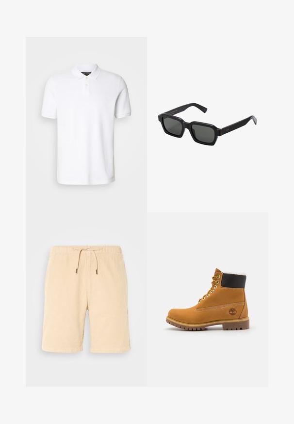 Polo branca feita de algodão. Apresenta um colarinho clássico, placket de três botões e mangas curtas. Logótipo subtil bordado no peito.; Bermudas de veludo cotelê bege com uma cintura elástica e cordão. Apresenta bolsos laterais e um corte reto. Textura suave e acabamento liso.; Bota de tornozelo em couro castanho com ilhós de metal, forro de pelúcia branca, colarinho acolchoado preto, sola robusta e logótipos em relevo de um lado.; Óculos de sol pretos, em forma quadrada, com lentes cinzentas. As armações de plástico espesso apresentam detalhes em dourado e uma marcação na têmpora. Textura lisa.