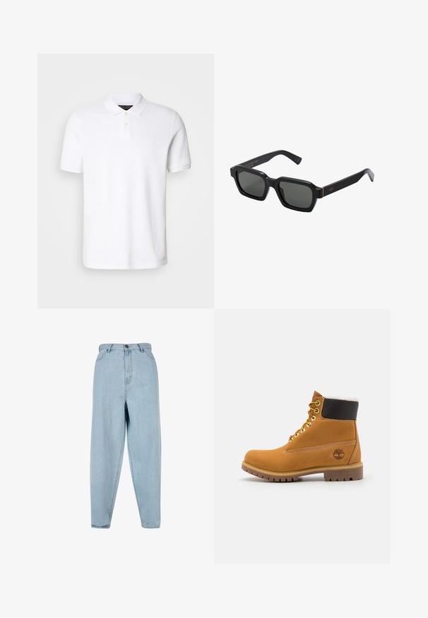 Vit pikétröja i bomull. Har en klassisk krage, treknapps knäppning och korta ärmar. Diskret logotyp broderad på bröstet.; Ljusblå högmidjade jeans med en avslappnad passform. Har en knapp framtill, dragkedja och fem fickor. Lätt urtvättad tygtextur.; Brun läderankelsko med metalöglor, vit pälsfoder, svart vadderad krage, robust sula och präglad logotyp på sidan.; Svarta, fyrkantiga solglasögon med grå linser. Tjocka plastbågar med guldaccenter och varumärke på skalmen. Slät yta.