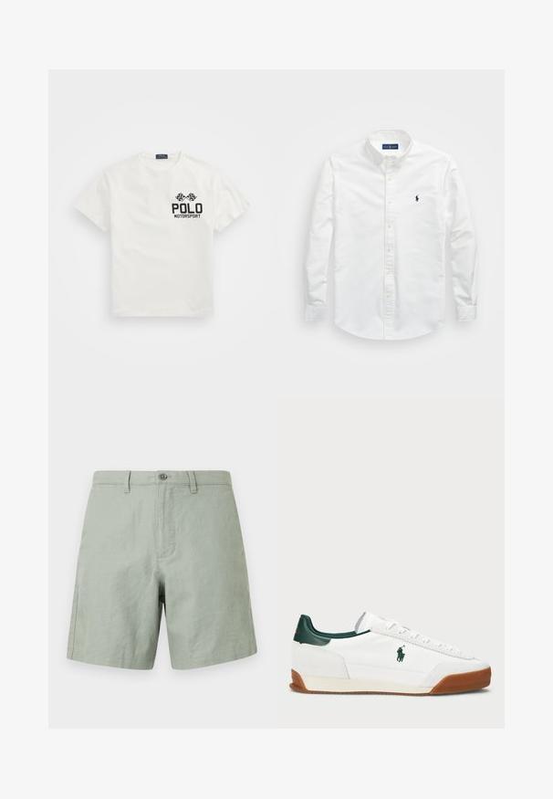 Balts kokvilnas T-krekls ar apaļu kakla izgriezumu, kas rotāts ar melnu "Polo Motorsport" logotipu un krusteniskām šaha karogi uz kreisā krūts.; Balts krekls ar pogām, kas izgatavots no kokvilnas. Iezīmēts ar uzgaļa tipa apkakli, garām piedurknēm un mazu tumši zilu logotipu uz krūtīm. Gluda tekstūra.; Gai zaļi lina šorti ar plakanu priekšpusi, vienu pogu, un sānu kabatām. Plakana apakša ar minimāliem šuvju detaļām.; Baltas sporta apavi ar zaļiem ādas akcentiem un brūnu gumijas zoli. Iezīmēts ar auduma virsmu un izteiktu logotipu sānos. Ar auklām.