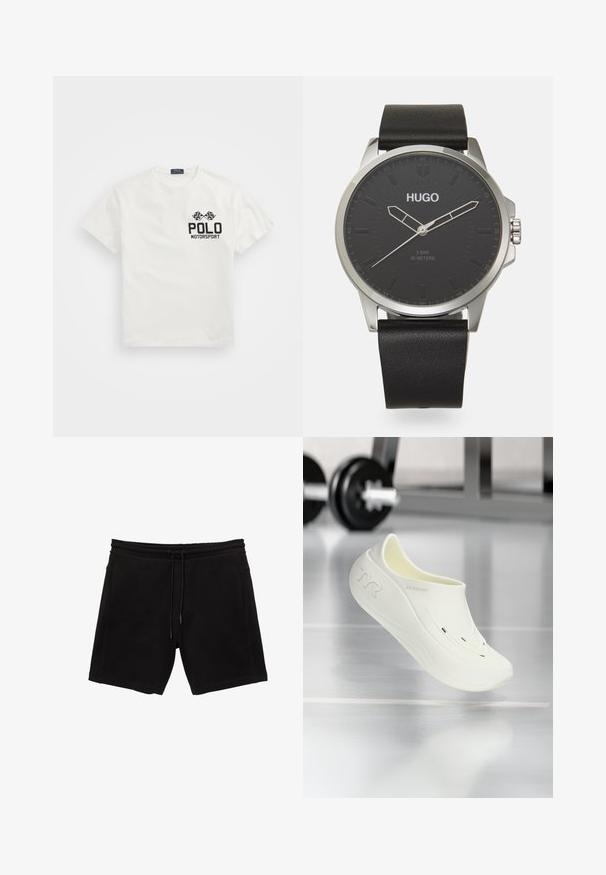 Bijela pamučna majica s okruglim izrezom, sa crnim logom "Polo Motorsport" i unakrsnim kockastim zastavicama na lijevoj strani prsnog dijela.; Crne dukserice od pamuka. Imaju elastičan pojas s vezicom, bočne džepove i opušteni kroj.; Bijela klizna cipela s glatkom, teksturiranom površinom, koja ima dva ventilacijska otvora i zakrivljen dizajn. Logo marke vidljiv je sa strane.; Crni analogni sat s okruglom kućištem od nehrđajućeg čelika, teksturiranim crnim kožnim remenom i crnim brojčanikom s srebrnim kazaljkama za sate/minute i oznakama.