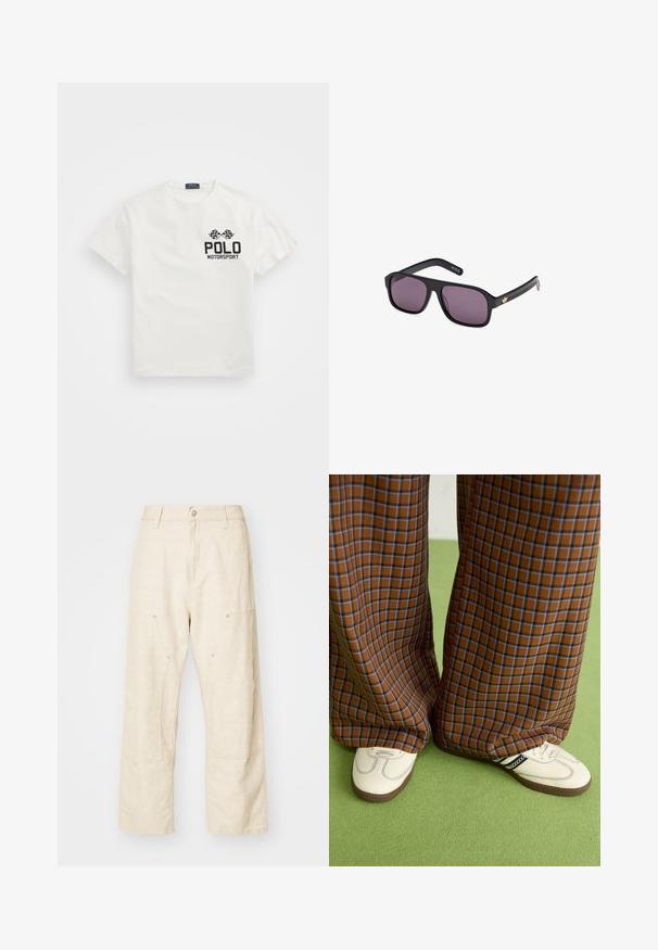 Tricou alb din bumbac cu guler rotund, cu un logo negru "Polo Motorsport" și steaguri încrucișate pe partea stângă a pieptului.; Pantaloni largi din in, de culoare bej deschis, cu buzunare frontale, închidere cu buton și detalii de cusătură vizibile pentru un plus de textură.; Pantaloni largi cu carouri maro și albastru, asociați cu pantofi albi cu accente negre și tălpi texturate, împotriva unui fundal verde.; Ochelari de soare negri cu ramă pătrată, lentile întunecate și un accent cu logo auriu pe braț. Material plastic neted cu finisaj mat.