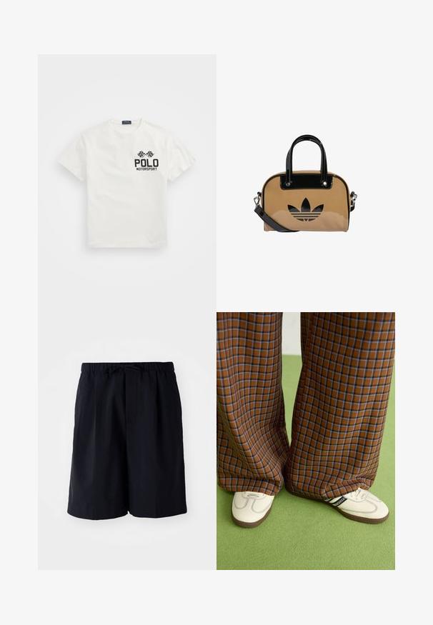 Biela bavlnená tričko s okrúhlym výstrihom, na ľavej hrudi s čiernym logom "Polo Motorsport" a prekrývajúcimi sa šachovnicovými vlajkami.; Námořnické modré šortky vyrobené z lehkého materiálu, s elastickým pasem a šňůrkou na stažení, a dvěma bočními kapsami, rovný střih.; Hnedé a modré kárované nohavice s širokými nohavicami skombinované s bielymi topánkami s čiernymi akcentmi a textúrovanými podrážkami, umiestnené na zelenom pozadí.; Béžová kabelka s čiernymi lakovanými akcentmi, zaoblený tvar, dvojité uchá a embosované čierne logo na prednej strane.