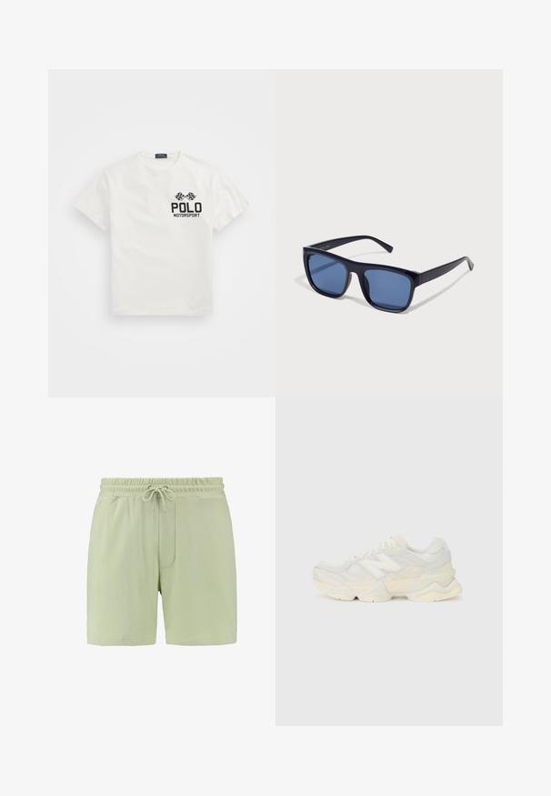 Bela bombažna majica s krožnim vratom, na kateri je črn logotip "Polo Motorsport" in križani šahovnicasti zastavi na levem prsnem delu.; Svetlo zeleni šortsi iz mehkega blaga, z elastičnim pasom in vrvico, ter stransko žepom. Gladka tekstura, sproščen kroj.; Lahki športni čevlji z zgornjim delom iz mrežastega materiala in antilopa v nežnih kremnih tonih, z debelim podplatom in tridimenzionalnimi poudarki.; Črne plastične sončne očala s pravokotnimi okvirji, modrimi lečami in ozkimi stranskimi ročaji, s sijočo površino.