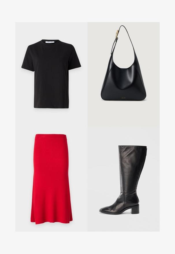 Must have lühikeste varrukatega t-särk, mis on valmistatud pehmest puuvillast, ümmarguse kaelusega, lõdva sobivusega ja sileda tekstuuriga. Ei ole nähtavaid mustreid ega graafikat.; Punane soonikkoesega seelik, millel on tihe vöökoht ja laienev allserv. Sile tekstuur ja pehme välimus. Pole nähtavaid mustreid ega metallosade.; Must must nahkane kõrge varbaga saabas, millel on ruudukujuline varvas, plokknina ja voolav disain. Sile tekstuur ja külgzipper lihtsaks selga panemiseks.; Must mustriba mustkott, millel on sile tekstuur, kõver siluett ja kuldne riistvara aksent. Omab reljeefset brändilogo alusel.