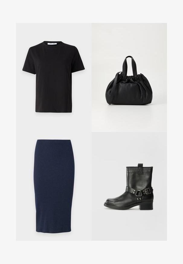 Juodas trumpas rankovės marškinėliai, pagaminti iš minkštos medvilnės, su apvaliu iškirpimu, laisvu pritaikymu ir lygiu paviršiumi. Nėra matomų raštų ar grafikos.; Megzta pieštuko sijonas tamsiai mėlynos spalvos, pasižymintis prigludusia siluetu, vidutinio ilgio iki blauzdų ir lygia tekstūra su paprastu, vientisu dizainu.; Samsøe Samsøe SABRENTA - Kaubojiški / motociklininko stiliaus aulinukai - black; Juoda odinė rankinė su susiraukšlėjusiu viršumi, su dviem trumpomis rankenėlėmis ir ilga reguliuojama juosta. Lygus paviršius, apvalios formos.