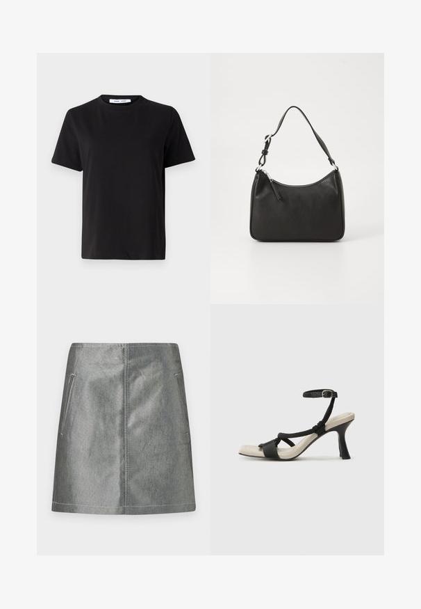 Must have lühikeste varrukatega t-särk, mis on valmistatud pehmest puuvillast, ümmarguse kaelusega, lõdva sobivusega ja sileda tekstuuriga. Ei ole nähtavaid mustreid ega graafikat.; Hõbedane teksapõlvik lameda tekstuuriga, millel on kaks küljetaskut ja kontrastsed õmblused. Lihtne, sirge disain ilma mustriteta.; Mustad musta kontsaga sandaal, millel on punutud rihma disain, ruudukujuline varvas ja reguleeritav pahkluu rihm. Heleda beeži värvi jalapadi ja läikiv must konts.; Must musta käekott, millel on kumer kuju, üks rihm, lukuga sulgemine ja peen brändimine esiküljel. Sile tekstuur, minimalistlik disain.