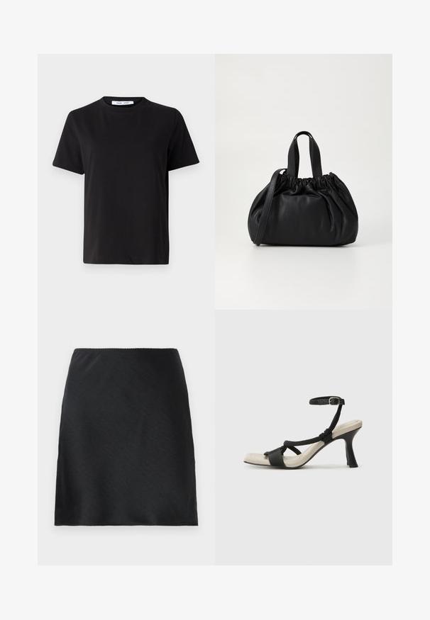 Juodas trumpas rankovės marškinėliai, pagaminti iš minkštos medvilnės, su apvaliu iškirpimu, laisvu pritaikymu ir lygiu paviršiumi. Nėra matomų raštų ar grafikos.; Juodas satino mini sijonas su lygiu paviršiumi ir tiesia kraštine, rodoma prieš paprastą baltą foną.; Juodų aukštakulnių sandalų su pintu dirželiu dizainas, kvadratine nosimi ir reguliuojamu kulkšnies dirželiu. Šviesiai bežė padas su blizgiu juodu kulnu.; Juoda odinė rankinė su susiraukšlėjusiu viršumi, su dviem trumpomis rankenėlėmis ir ilga reguliuojama juosta. Lygus paviršius, apvalios formos.