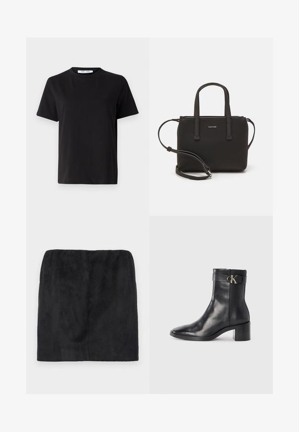 Musta lyhythihainen t-paita, joka on valmistettu pehmeästä puuvillasta. Paitassa on pyöreä kaula-aukko, rento malli ja sileä pinta. Ei näkyviä kuvioita tai graafisia elementtejä.; Musta samettinen minihame, jossa on joustava vyötärö, sileä pinta ja yksinkertainen, siisti muotoilu ilman lisäkoristeluja.; Musta nahkainen nilkkuri, jossa on teräväkärkinen muoto, lohkare korko ja hihna, jossa on metallinen logoteema. Sujuva pinta ja minimalistiinen muotoilu.; Musta käsilaukku, jossa on kaksinkertaiset lyhyet kahvat ja irrotettava olkahihna. Silkkinen nahkatunneinen materiaali, jossa on vetoketjukiinnitys ja logoyksityiskohta.