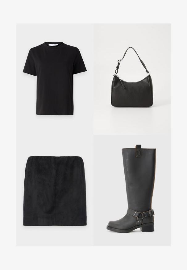 Svart kortärmad t-shirt i mjuk bomull, med rund halsringning, avslappnad passform och en mjuk yta. Inga synliga mönster eller tryck.; Svart nubuckminikjol med elastiskt midjeband, slät yta och enkel, ren design utan ytterligare dekorationer.; Svart läderknähöga stövlar med en texturerad finish, som har en sidobuckla och en låg klack. Detaljerad sömnad längs sömmarna.; Svart läderhandväska med en böjd form, en enda rem, dragkedjestängning och subtil märkning på framsidan. Slät yta, minimalistisk design.