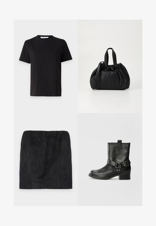 Černé tričko s krátkým rukávem vyrobené z měkké bavlny, s kulatým výstřihem, volným střihem a hladkým povrchem. Žádné viditelné vzory ani grafika.; Černá semišová mini sukně s elastickým pasem, hladkým povrchem a jednoduchým, čistým designem bez dalších ozdob.; Samsøe Samsøe SABRENTA - Kovbojské/motorkářské kotníkové boty - black; Černá kožená kabelka s designem staženého vršku, která má dvě krátké ucha a dlouhý nastavitelný popruh. Hladký povrch, zaoblený tvar.