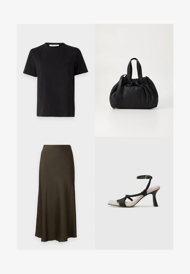 Tricou negru cu manșon scurt, fabricat din bumbac moale, având un guler rotund, o croială lejeră și o textură netedă. Fără modele sau grafice vizibile.; Fustă lungă, de culoare verde închis, cu finisaj satinat, având un tiv evazat și o textură netedă. Design simplu, fără modele vizibile sau accesorii.; Sandal cu toc negru, cu design de curea împletită, vârf pătrat și curea de gleznă ajustabilă. Tălpică de un bej deschis și toc negru lucios.; Geantă de mână din piele neagră cu un design cu partea superioară plisată, având două mânere scurte și o curea lungă ajustabilă. Textură netedă, formă rotunjită.