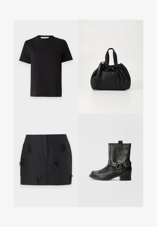 Svart kortärmad t-shirt i mjuk bomull, med rund halsringning, avslappnad passform och en mjuk yta. Inga synliga mönster eller tryck.; Svart kjol med en åtsittande design och texturerade, fransiga detaljer spridda över tyget. Slät material med inga synliga knäppningar.; Samsøe Samsøe SABRENTA - Cowboy- / Bikerstövletter - black; Svart läderhandväska med en samlad toppdesign, som har två korta handtag och ett långt justerbart axelband. Slät textur, rund form.